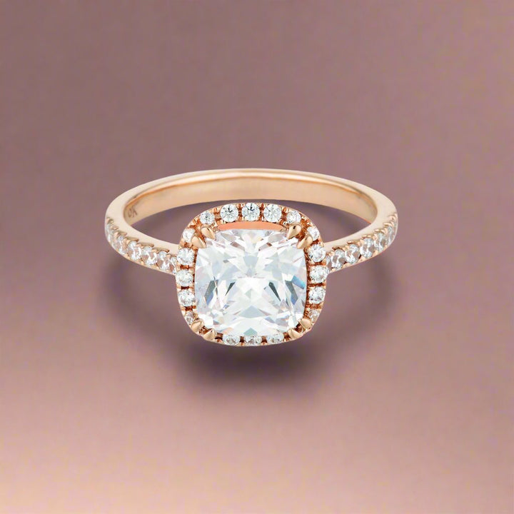 Georgini Gold Cushion Cut Halo 1.5tcw Moissanite Engagement Ring In 9ct Rose Gold