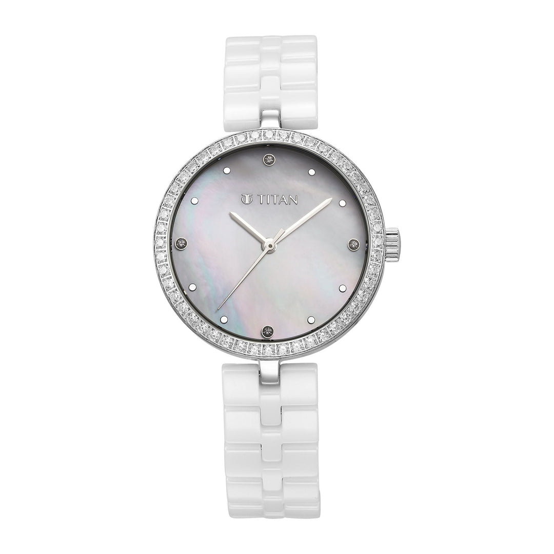 Titan Purple Ceramics Quartz Analogue Mother of Pearl Dial White Ceramic Strap Watch For Women