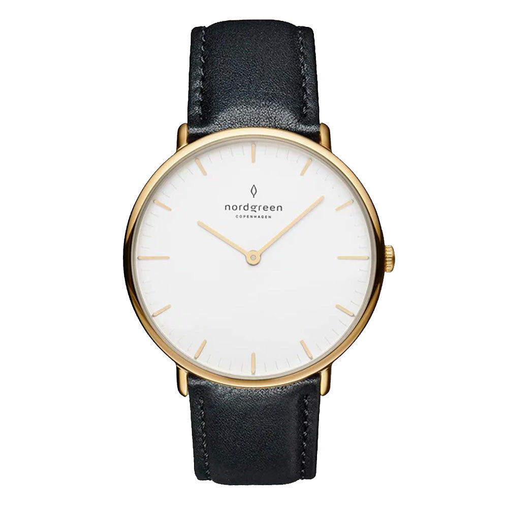 Nordgreen Native 36mm Yellow Gold Case Black Leather Strap Watch