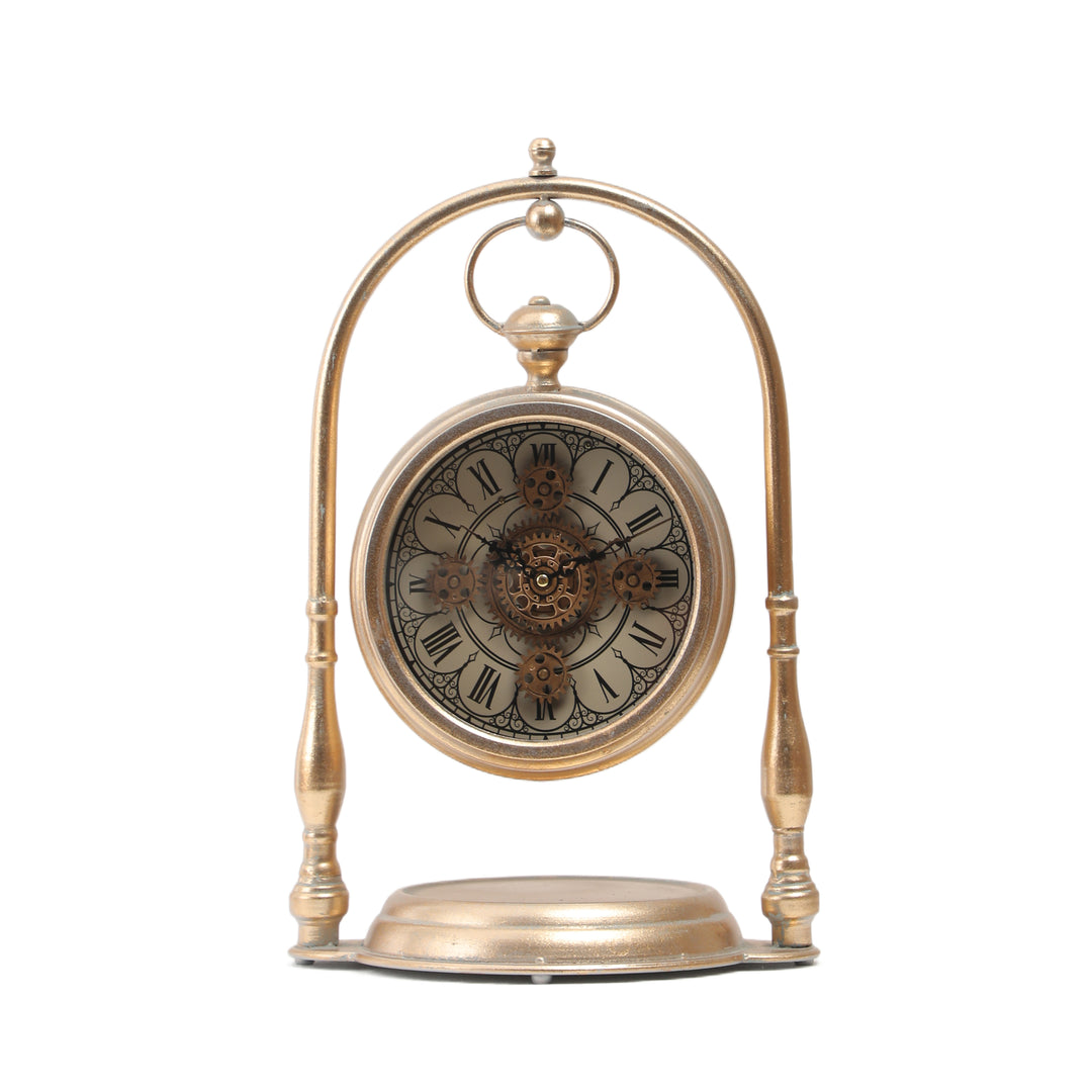 Marrakesh Arch Moving Cogs Table Clock - Metallic Gold Wash