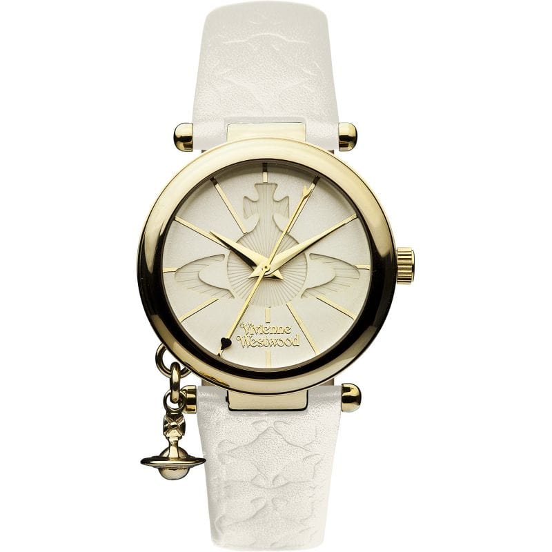 Vivienne Westwood Watch Vivienne Westwood Orb II Watch White Leather Strap Gold Case With Charm Vivienne Westwood Orb II Watch I White Leather Strap Gold Case Charm Brand